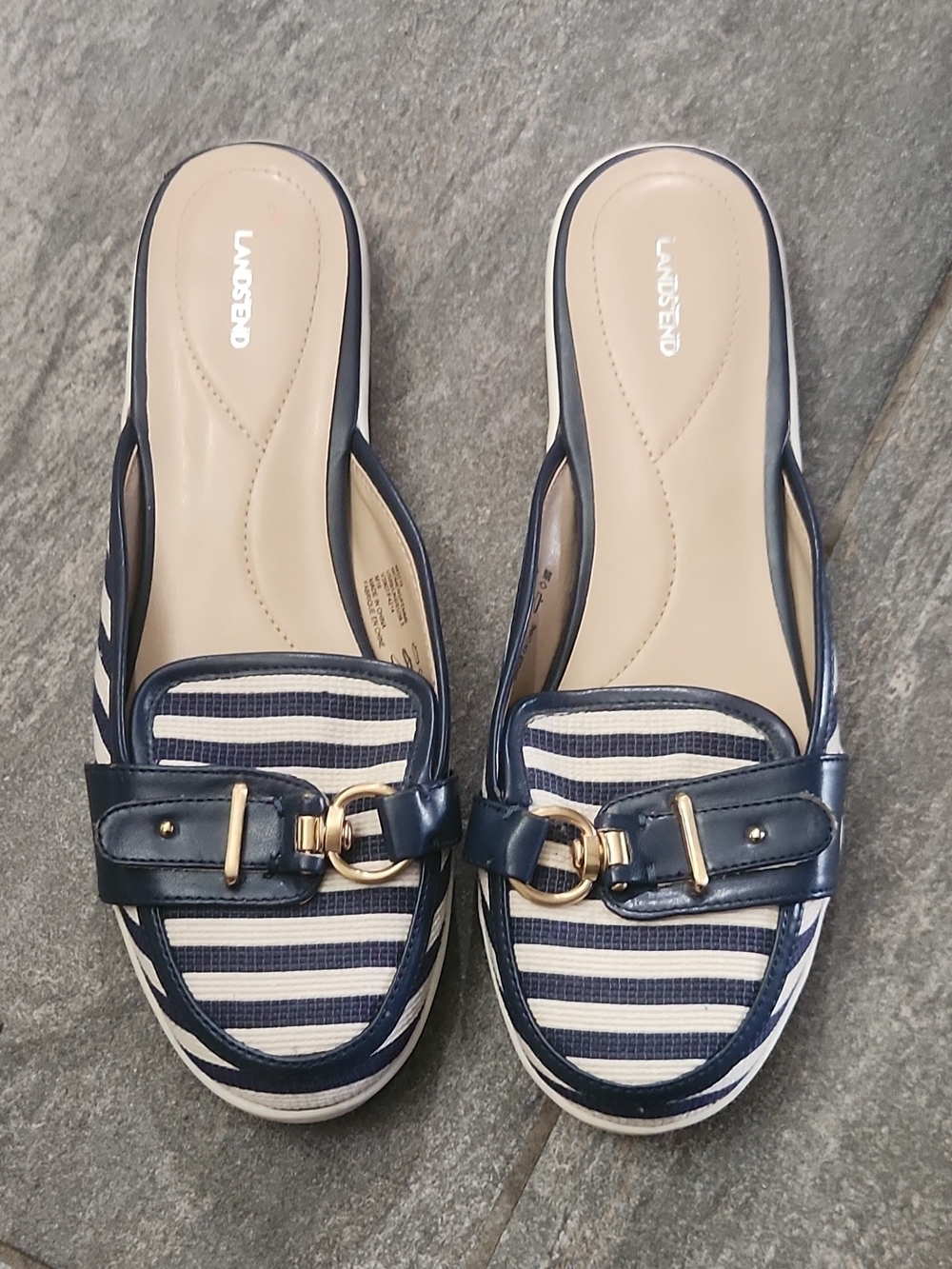 Lands' End Navy and White Striped Slip-On Mules with Gold Buckle